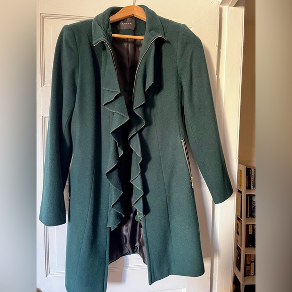 Tahari Green Ruffle Front Coat - Picture 2 of 5